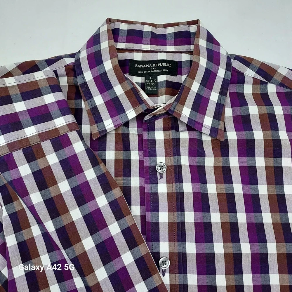 Banana Republic Mens‎ Non Iron Tailored Slim Fit Purple Plaid Dress Shirt S 14.5